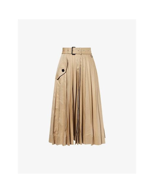 Sacai Natural Belted Pleated Cotton-Garbadine Midi Skirt