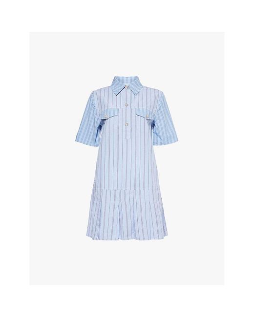 Ganni Blue Rhinestone-Flower Striped Organic-Cotton Poplin Mini Dress