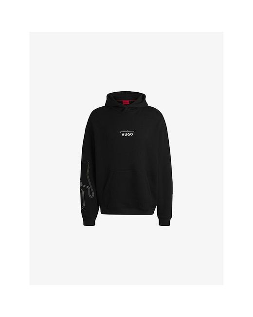 HUGO Black Branded-Print Kangaroo-Pocket Cotton-Jersey Hoody for men
