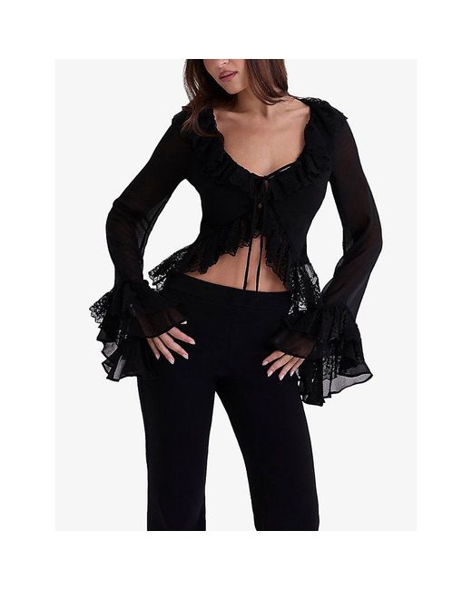 House Of Cb Black Goya Tie-Front Chiffon Blouse
