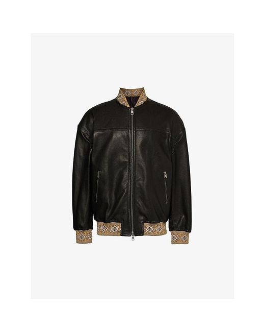 Etro Black Relaxed-fit Contrast-trim Leather Jacket for men