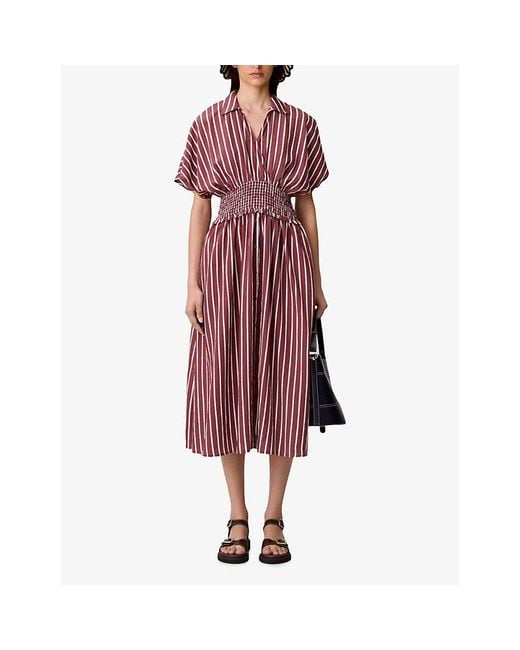 Claudie Pierlot Striped Shirred-Waist Woven Midi Dress