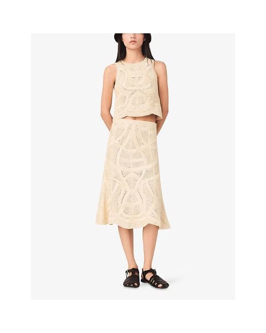 Maje Natural Elasticated-Waist Scalloped-Hem Crochet Midi Skirt