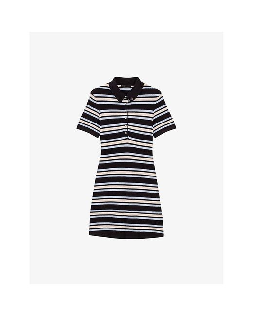 Maje Blue Stripe Short-Sleeve Cotton-Blend Knitted Mini Dress