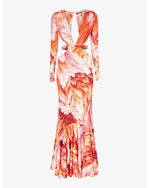 Roberto Cavalli Red Floral-print Long-sleeve Stretch-woven Maxi Dress