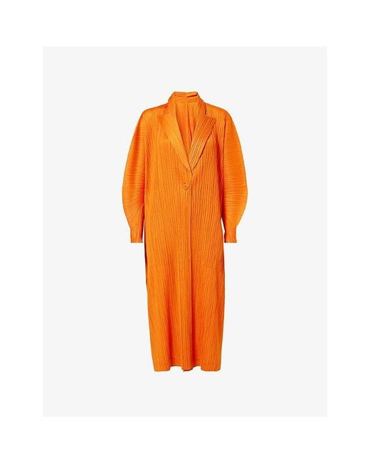 Pleats Please Issey Miyake Orange Plisse Knitted Midi Coat