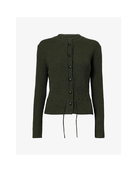 Weekend by Maxmara Green Round-Neck Rib-Knit Wool Cardigan
