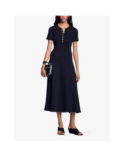 Sandro Black Round-Neck Ribbed-Knit Stretch-Woven Maxi Dress