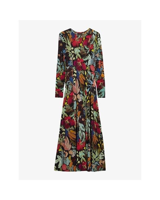 Ted Baker Black Alexann Floral-print Long-sleeve Stetch-woven Midi Dress