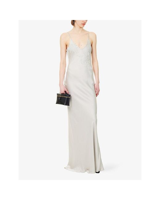 Victoria Beckham White Lace-Appliqué Satin Maxi Dress