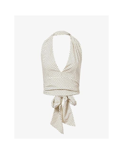 Hunza G White Polka-Dot Halterneck Stretch-Woven Top