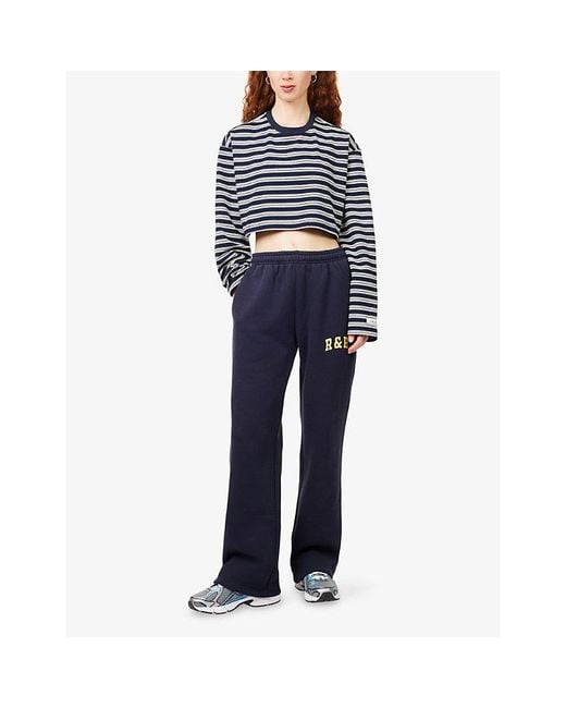 Ru & Rocka Blue Striped Cropped Stretch-Cotton T-Shirt