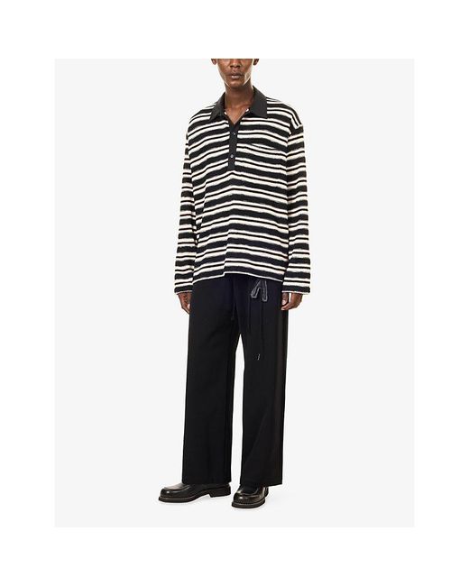 Song For The Mute Black Striped Long-Sleeve Cotton-Knit Polo Top for men
