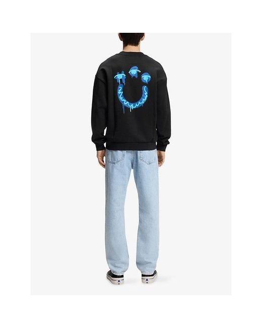 HUGO Black Happy Brand-Print Cotton-Terry Sweatshirt for men