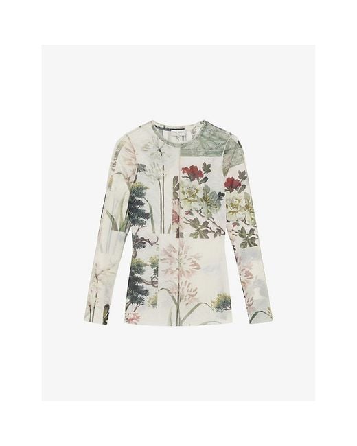 Ted Baker White Lareana Floral-print Long-sleeve Stretch-mesh Top