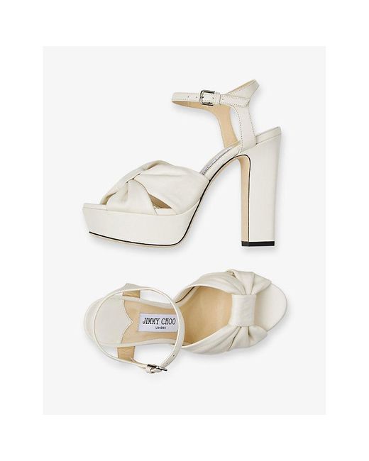 Jimmy Choo White Heloise 120 Knotted-Strap Leather Platform Heels