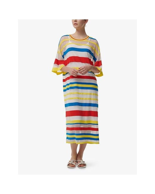 eem Blue Striped Round-Neck Mesh Kaftan