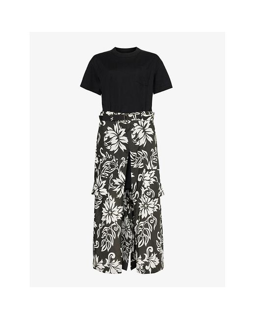 Sacai Black Floral-print Flap-pocket Cotton Midi Dress