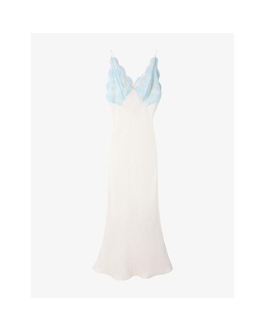 Sandro V-Neck Lace-Trim Satin Maxi Dress in White | Lyst