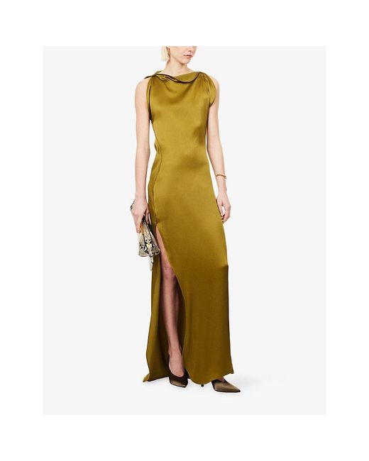 Victoria Beckham Green Carla Split-Seam Satin Gown