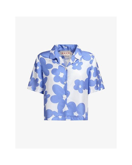 Marni Blue Floral-Print Short-Sleeved Silk Shirt