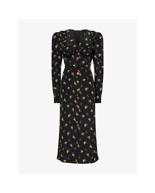 Alessandra Rich Black Floral-Print Collared Silk Midi Dress