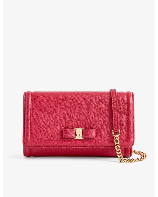 Ferragamo Red Vara Bow-embellished Leather Wallet-on-chain