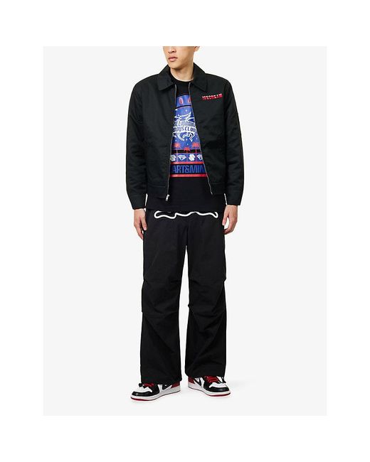 ICECREAM Black Running Dog Cotton Parachute Trousers for men