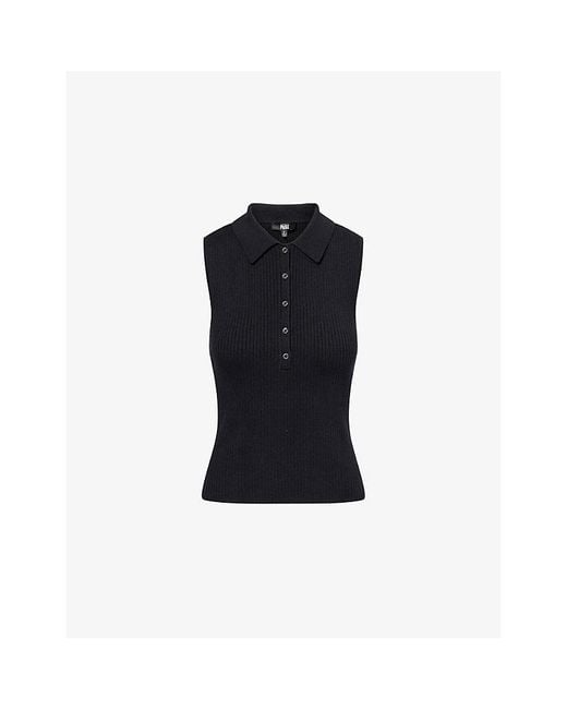PAIGE Blue Vesta Polo-Collar Ribbed Knitted Top