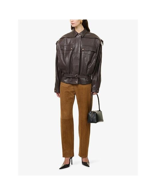 Magda Butrym Brown Belted Patch-Pocket Leather Jacket