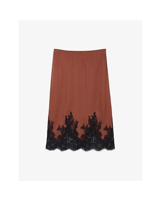 Whistles Brown Lace-Hem Satin Midi Skirt