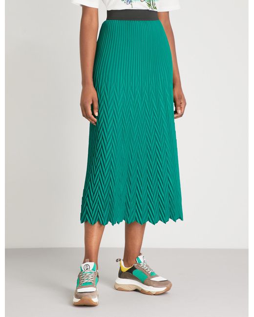 Maje Green Herringbone Pleated Maxi Skirt