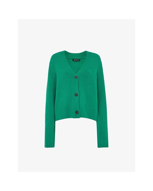 Whistles Green V-neck Ribbed Knitted Cardigan