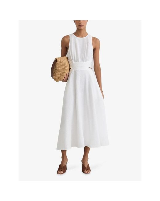 Reiss White Hazel Cut-Out Linen And Cotton Midi Dress