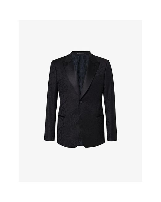 Emporio Armani Black Floral-jacquard Single-breasted Stretch-wool Blazer for men