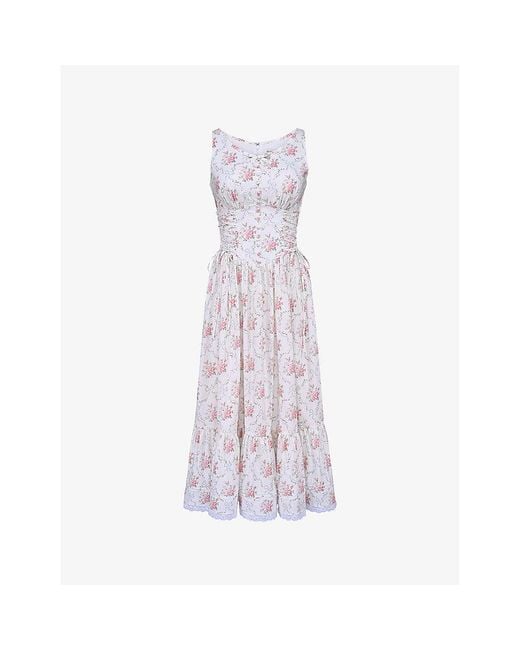 House Of Cb Purple Sienna Floral-Print Side-Tie Stretch-Cotton Midi Dress Xs (A-C Cup)