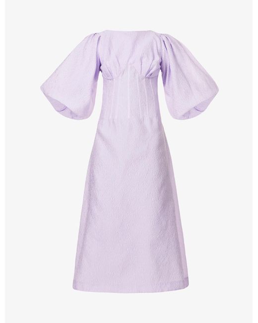 Rachel Gilbert Purple Puffed-sleeve Tie-back Woven Midi Dress