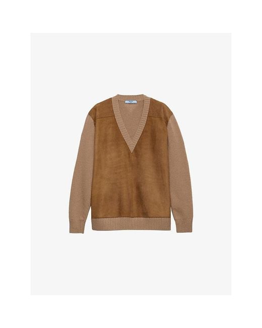 Prada Brown V-Neck Suede And Cashmere Jumper