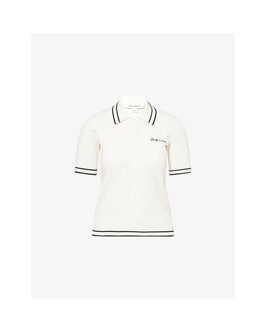 Sporty & Rich White Signature Logo Mini Cable Woven Polo Top