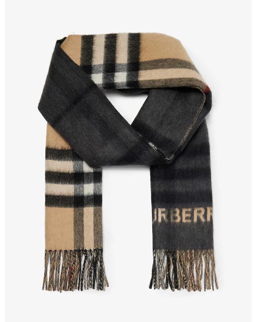 Burberry Black Giant Check Tasselled-trim Cashmere Scarf for men