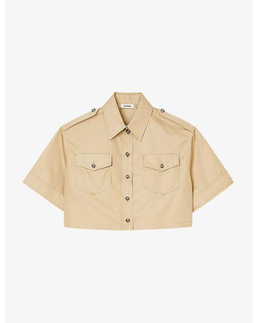 Sandro Natural Patch-pocket Cropped Cotton-blend Shirt
