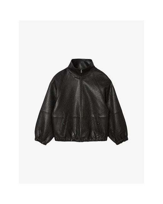 Sandro Black High-Neck Oversized Leather Jacket
