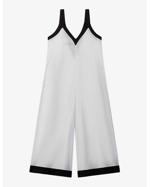 Reiss White Aida Wide-leg Colour-block Linen Jumpsuit