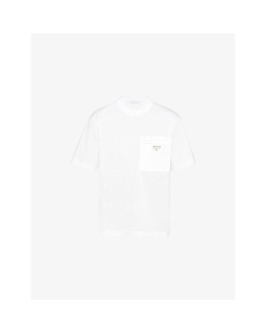 Prada White Re-Nylon Logo-Plaque Cotton-Jersey T-Shirt for men