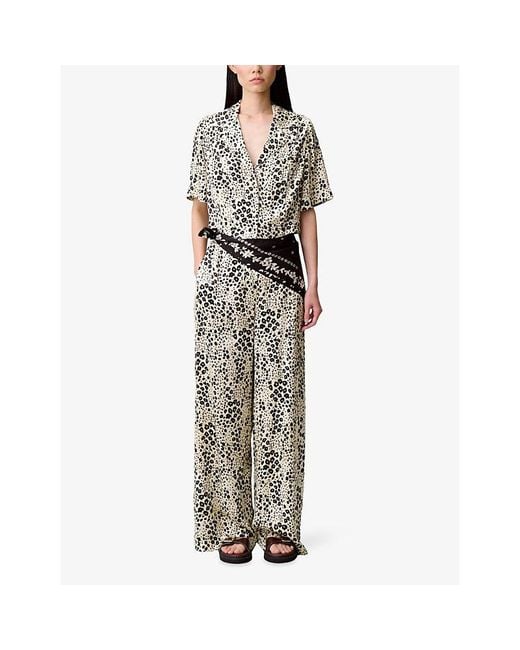 Claudie Pierlot White Animal-Print Short-Sleeved Satin Shirt