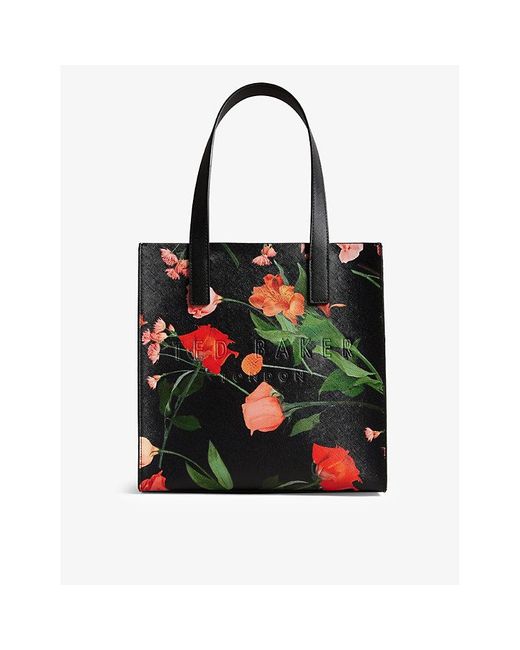 Ted Baker Black Flircon Logo-embroidered Floral-print Large Faux-leather Tote