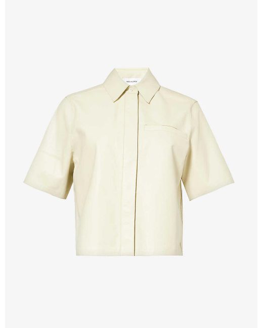 Yves Salomon White Spread-collar Cropped Leather Shirt