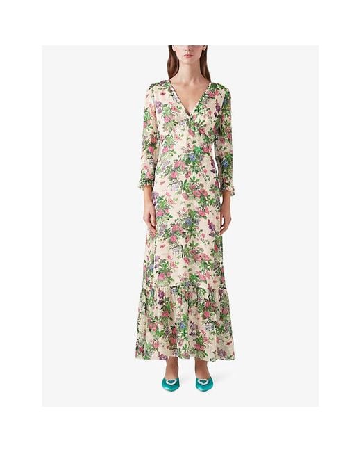 L.K.Bennett Green Deborah Floral-print V-neck Silk-blend Maxi Dress