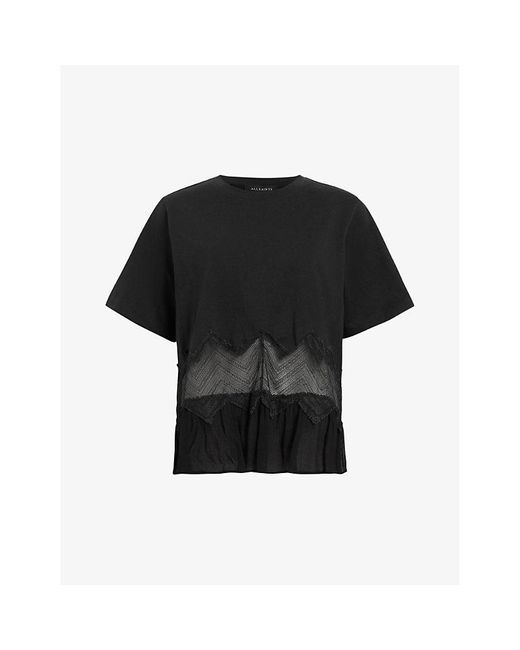 AllSaints Black Gracie Lace-embroidered Relaxed-fit Organic-cotton T-shirt X