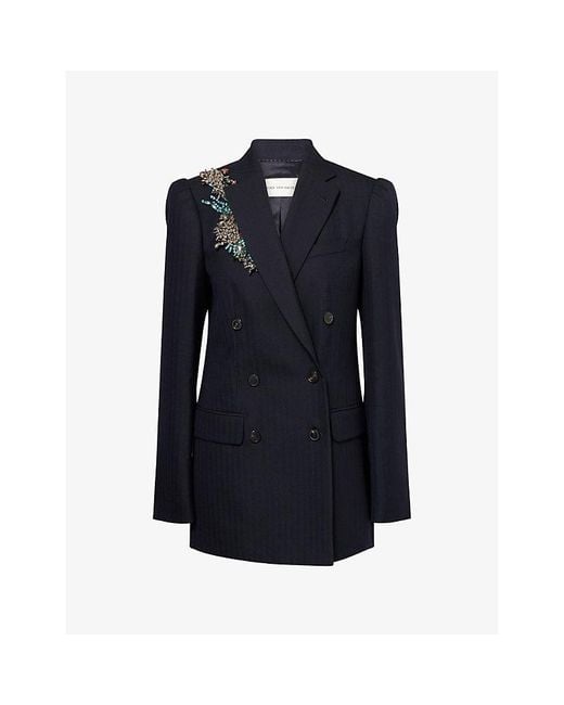 Dries Van Noten Blue Bafy Crystal-Embellished Double-Breasted Wool Jacket